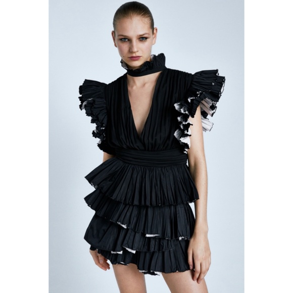 Zara Tops - Zara Black Ruffles Sleeve Pleated High Collar Top
